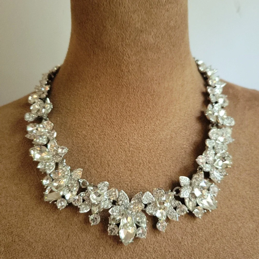 INC International Concepts Silver Tone Crystal Floral Statement Necklace Glam